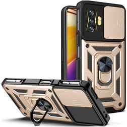 Mobigear Armor Ring Cam Slide POCO F4 GT Fodral Hårdplast Skal Stötsäkert med ringhållare och skjutbart kameraskydd - Guld