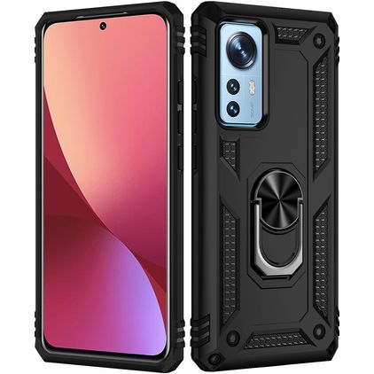 Mobigear Armor Ring Xiaomi 12 Tvrdý plast Zadní kryt odolný proti nárazům s prstýnkem - Černá