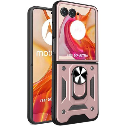 Mobigear Armor Ring Motorola Razr 50 Ultra Funda Plástico rígido Carcasa Antigolpes con anillo - Oro rosa