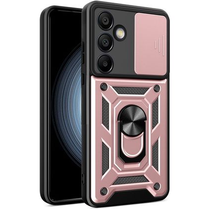 Mobigear Armor Ring Cam Slide Samsung Galaxy S24 FE Hårdt Bagsidecover Stødsikkert med ringholder og Camera Slider - Rosaguld