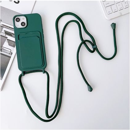 Mobigear Lanyard Card iPhone 15 Plus Silicona Funda con cuerda y tarjetero - Verde