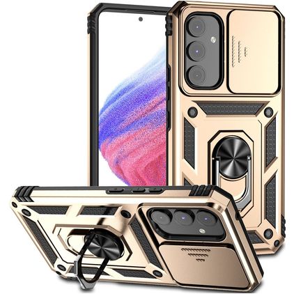 Mobigear Armor Ring Cam Slide Samsung Galaxy A54 Fodral Hårdplast Skal Stötsäkert med ringhållare och skjutbart kameraskydd - Guld