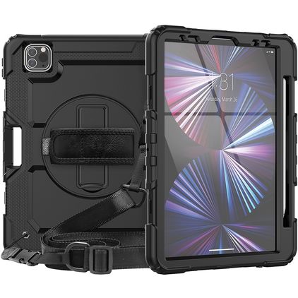 Mobigear SureGrip Xtreme iPad Air 11 Inch (2025) Case Plastic / Silicone Back cover + Stylus Holder + Shoulder Strap + Stand - Black
