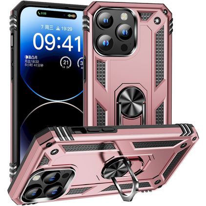 Mobigear Armor Ring iPhone 15 Pro Max Plástico rígido Capa traseira Antichoque com anel - Rosa dourado