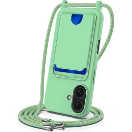 Mobigear Lanyard Card iPhone 16 Plus Silicona Funda con cuerda y tarjetero - Verde