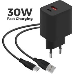 Mobiparts Wall Charger Dual USB / USB-C Carregador Micro USB 1 m 30W - Preto