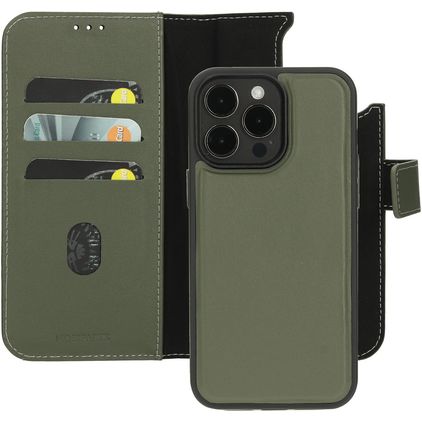 Mobiparts iPhone 15 Pro Max MagSafe Funda Piel auténtica Funda tipo libro 2 en 1 con carcasa extraíble Cartera - Verde