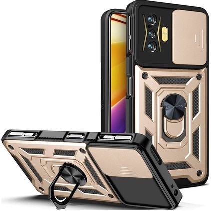 Mobigear Armor Ring Cam Slide POCO F4 GT Kova Suojakuori Iskunkestävä + Sormuspidike + Kameran liukusuoja - Kulta +