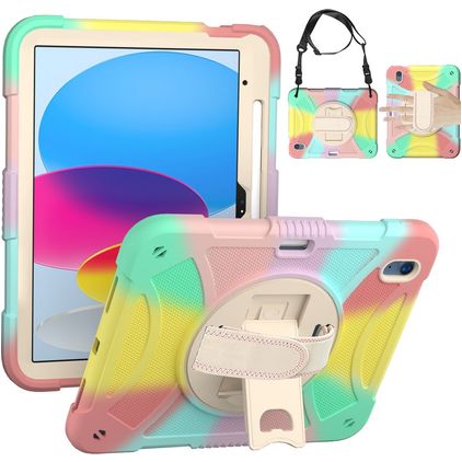 Mobigear SureGrip iPad 10 (2022) Case Plastic / Silicone Back cover + Stylus Holder + Shoulder Strap + Stand - Rainbow