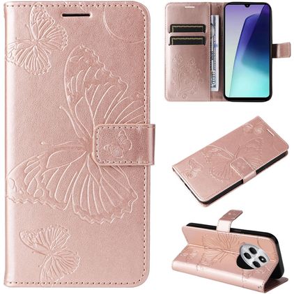 Mobigear Butterfly Xiaomi Redmi 14C Lompakkokotelo + Setelitasku - Ruusukulta