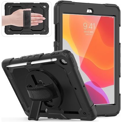 Mobigear SureGrip Xtreme iPad 8 (2020) Case Plastic / Silicone Back cover + Stylus Holder + Shoulder Strap + Stand - Black