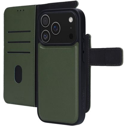 Mobiparts iPhone 17 Pro Funda Piel auténtica Funda tipo libro 2 en 1 con carcasa extraíble Cartera - Verde