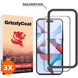 GrizzlyCoat Easy Fit iPhone 15 Pro Max Vidro temperado Película de ecrã - Compatível com capas + Moldura de instalação - Preto (Pack de 3)
