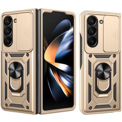 Mobigear Armor Ring Cam Slide Samsung Galaxy Z Fold 7 Plástico rígido Capa traseira Antichoque com anel e tampa deslizante para câmara - Dourado