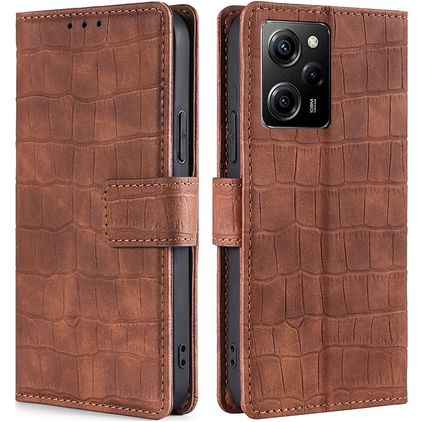 Mobigear Croco POCO X5 Pro Lompakkokotelo + Setelitasku - Konjakki
