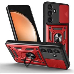 Mobigear Armor Ring Cam Slide Samsung Galaxy S25 FE Hard Case Back cover Shockproof with Ring Holder and Camera Slider - Red