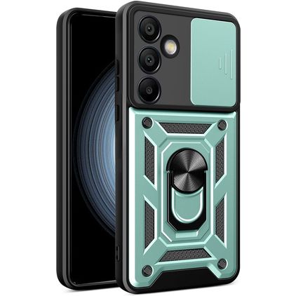 Mobigear Armor Ring Cam Slide Samsung Galaxy S24 FE Hardcase Etui plecki Wstrząsoodporne z pierścieniem i przesuwaną osłoną aparatu - Zielony