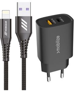 Mobigear Essentials Dual USB / USB-C Laddare Apple Lightning 1 m Power Delivery 25W - Svart