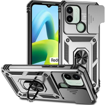 Mobigear Armor Ring Cam Slide Xiaomi Redmi A1 4G Plástico rígido Capa traseira Antichoque com anel e tampa deslizante para câmara - Prateado