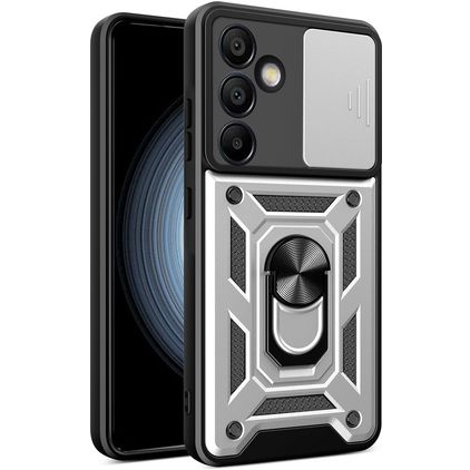 Mobigear Armor Ring Cam Slide Samsung Galaxy S24 FE Hårdt Bagsidecover Stødsikkert med ringholder og Camera Slider - Sølv