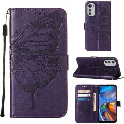Mobigear Butterfly Motorola Moto E32s Pungetui med Seddelrum - Lilla