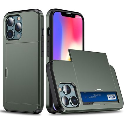 Mobigear Card iPhone 14 Funda Plástico rígido Carcasa Antigolpes con tarjetero - Verde militar