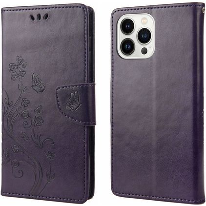 Mobigear Flowers iPhone 14 Pro Wallet case - Purple