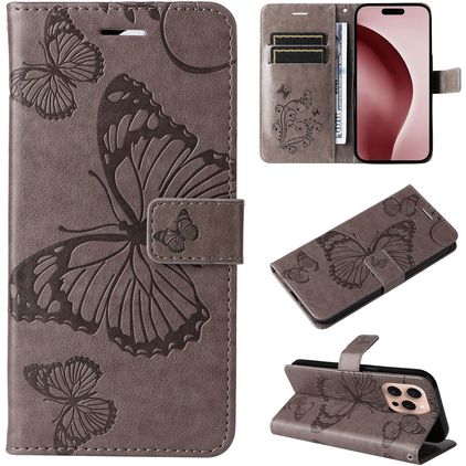 Mobigear Butterfly iPhone 16 Pro Knížkové pouzdro Peněženka - Šedá