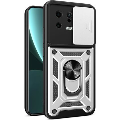 Mobigear Armor Ring Cam Slide Xiaomi 13 Hårdt Bagsidecover Stødsikkert med ringholder og Camera Slider - Sølv
