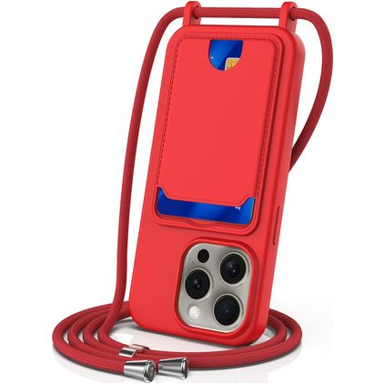 Mobigear Lanyard Card iPhone 16 Pro Max Silikone Cover med snor og kortholder - Rød
