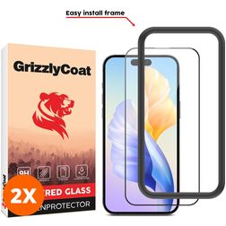 GrizzlyCoat Easy Fit iPhone 15 Cristal templado Protector de pantalla - Compatible con fundas + Marco de instalación - Negro (pack de 2)