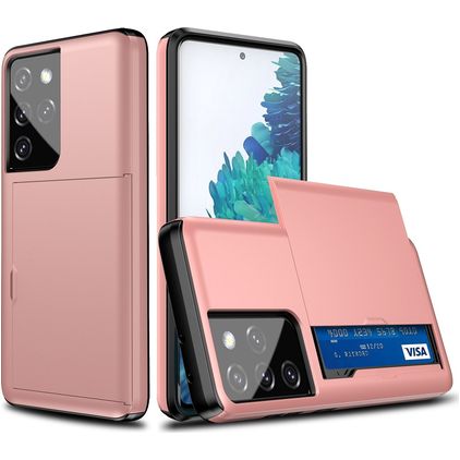 Mobigear Card Samsung Galaxy S21 Ultra Plástico rígido Capa traseira Antichoque com porta-cartões - Rosa dourado