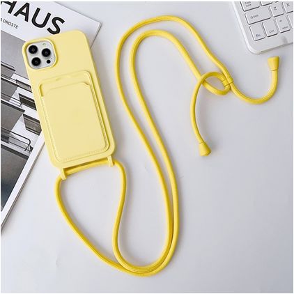 Mobigear Lanyard Card iPhone 15 Pro Silicone Case with lanyard and Card Holder - Yellow