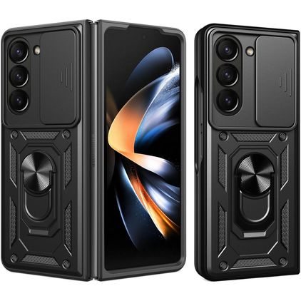 Mobigear Armor Ring Cam Slide Samsung Galaxy Z Fold 7 Hårdt Bagsidecover Stødsikkert med ringholder og Camera Slider - Sort