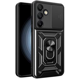 Mobigear Armor Ring Cam Slide Samsung Galaxy S24 FE Tvrdý plast Zadní kryt odolný proti nárazům s prstýnkem a posuvnou krytkou fotoaparátu - Černá