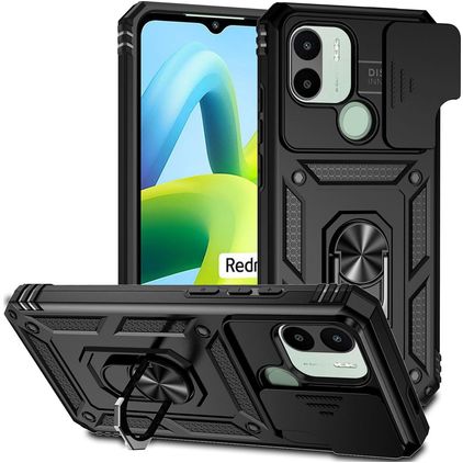 Mobigear Armor Ring Cam Slide Xiaomi Redmi A1 4G Fodral Hårdplast Skal Stötsäkert med ringhållare och skjutbart kameraskydd - Svart