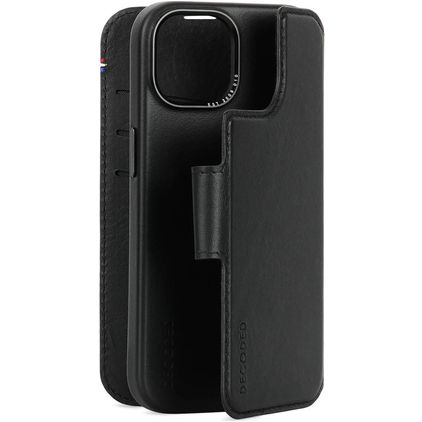 Decoded Detachable Wallet iPhone 15 MagSafe Capa Pele genuína Capa livro 2 em 1 com capa traseira amovível Carteira - Preto