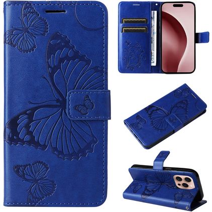 Mobigear Butterfly iPhone 16 Pro Lompakkokotelo + Setelitasku - Sininen
