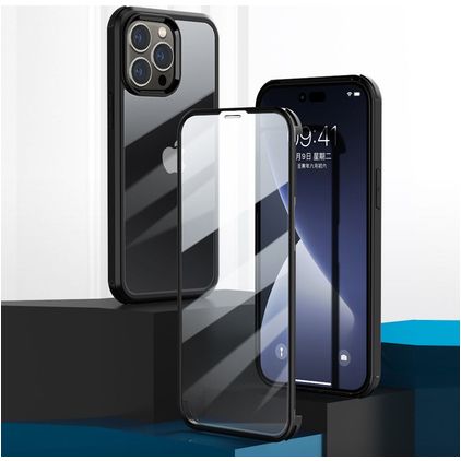 Valenta Full Cover iPhone 14 Pro Max Panserglas Bagsidecover Stødsikkert - Gennemsigtig / Sort