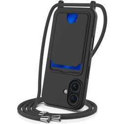 Mobigear Lanyard Card iPhone 16 Plus Silicone Capa com cordão e porta-cartões - Preto