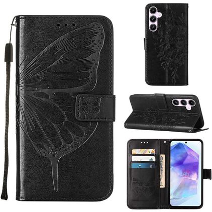 Mobigear Butterfly Samsung Galaxy A55 Lompakkokotelo + Setelitasku - Musta