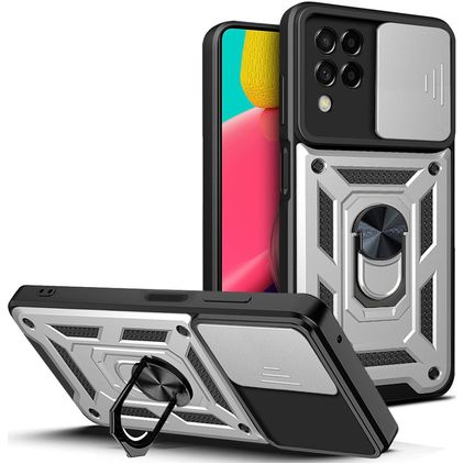 Mobigear Armor Ring Cam Slide Samsung Galaxy M53 Fodral Hårdplast Skal Stötsäkert med ringhållare - Silver