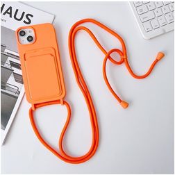 Mobigear Lanyard Card iPhone 15 Plus Silikon Kryt se šňůrkou s kapsou na karty - Oranžová