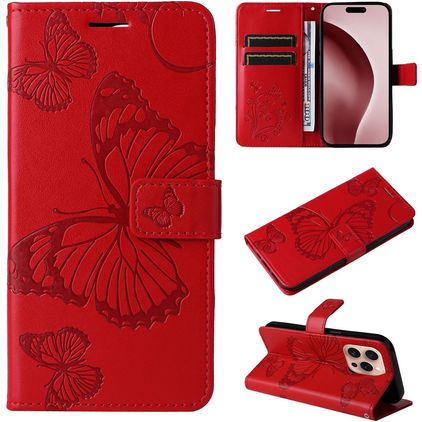 Mobigear Butterfly iPhone 16 Pro Pungetui med Seddelrum - Rød