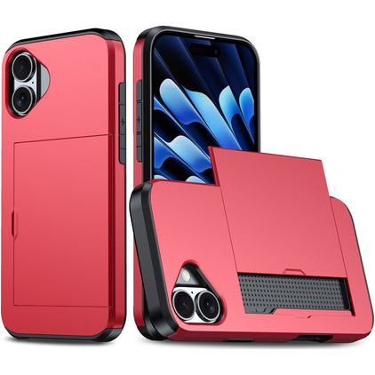 Mobigear Card iPhone 16 Funda Plástico rígido Carcasa Antigolpes con tarjetero - Rojo