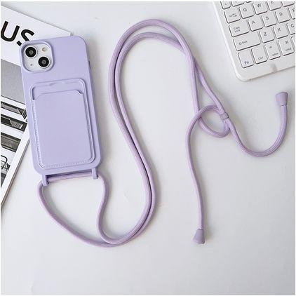 Mobigear Lanyard Card iPhone 15 Plus Silicone Capa com cordão e porta-cartões - Roxo