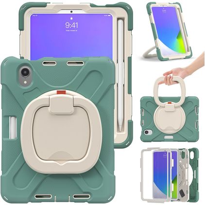 Mobigear RingGuard iPad Mini 6 (2021) Fodral Hårdplast / Silikon Skal + Pennhållare + Axelrem + Ställ - Grön