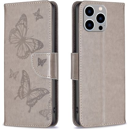 Mobigear Butterfly iPhone 15 Pro Max Knížkové pouzdro Peněženka - Šedá