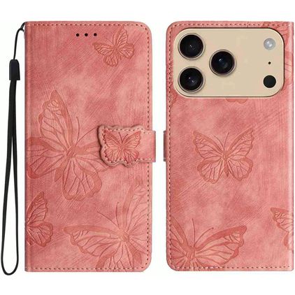 Mobigear Butterfly iPhone 17 Pro Max Lompakkokotelo + Setelitasku - Vaaleanpunainen