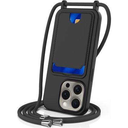 Mobigear Lanyard Card iPhone 16 Pro Max Silikone Cover med snor og kortholder - Sort